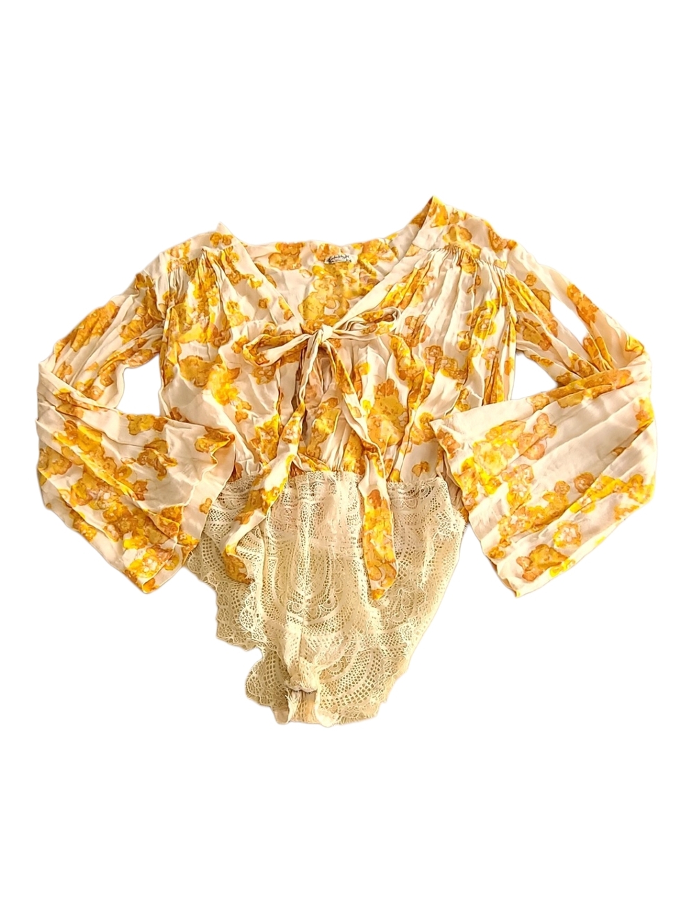 Free People Cream Blouse with Yellow Floral Tie-Front - Picture 2 of 7